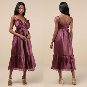 Lulus Extravagant Initiative Shiny Plum Organza Bow Midi Dress M Wedding Party